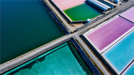Colorful Sea Salt Pans Beside Coastal Industry Zone, Designed For Agricultural Infrastructure, Commercial Resource Branding, And Aerial Composition Themes