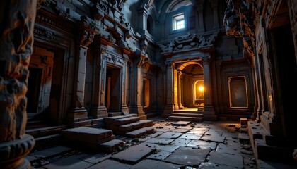 an ancient stone church interior with intricate architectural features, including arches and pillars, illuminated by natural light entering from an opening in a distant wall.