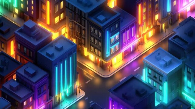 Illuminated city buildings in vibrant neon lights.