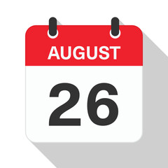 August 26 Daily Calendar. Red Theme on White Background