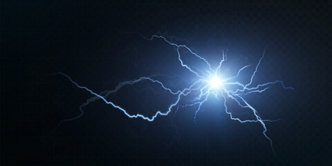 Bright blue lightning flash with glowing electric arcs on dark transparent background. Energy discharge effect for sci-fi interfaces, storm scenes, or power visuals.

