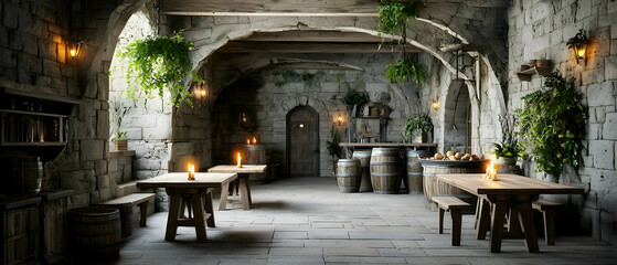 Medieval Stone Tavern Interior With Wooden Tables And Barrels