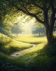 Fototapeta premium Sunny meadow path, dappled sunlight through trees. Gentle stream winds through tall grass, leading into a tranquil, verdant landscape