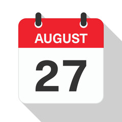 August 27 Daily Calendar. Red Theme on White Background