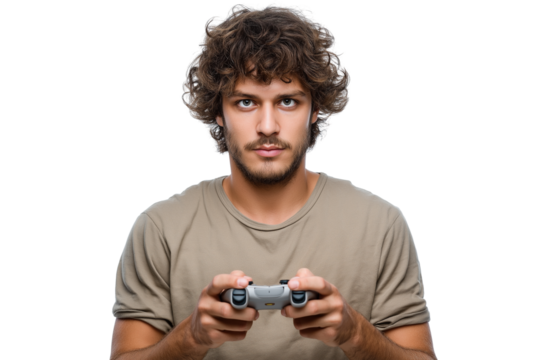 Man playing video game with controller isolated on white background