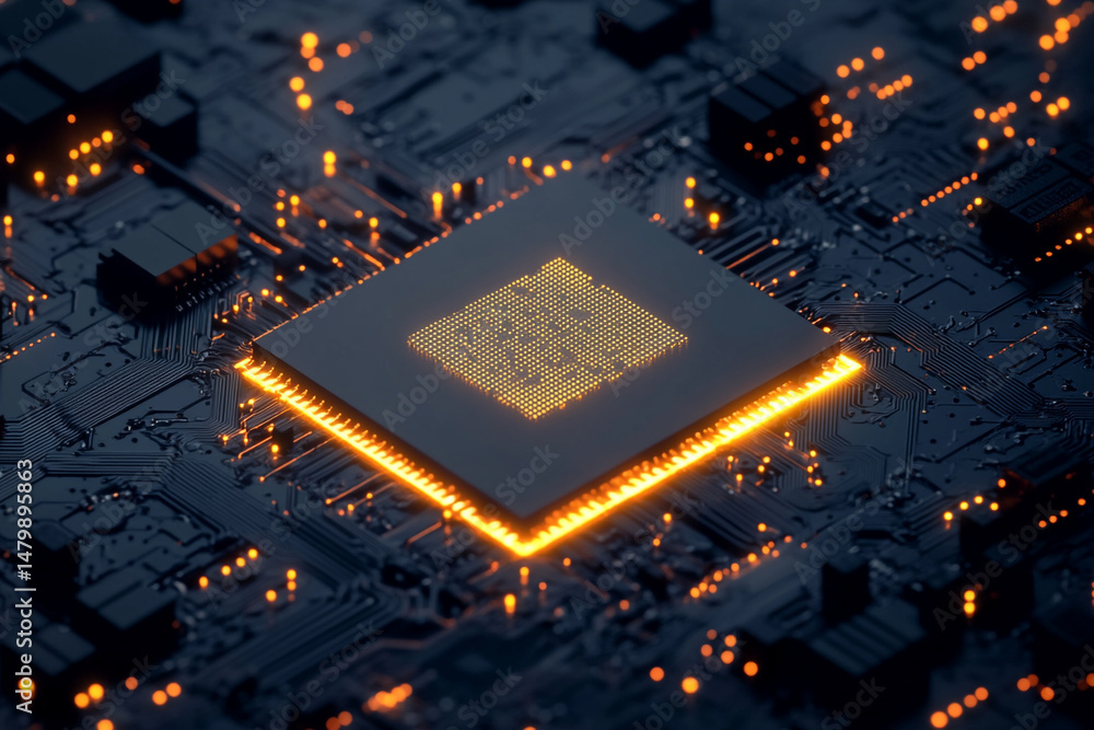 Poster illuminated central processing unit on a circuit board glowing technology