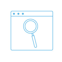 Minimalist blue illustration of a magnifying glass inside a web browser frame