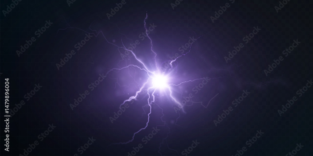 Poster vivid purple lightning flash with glowing electric arcs on dark background. energy discharge effect 
