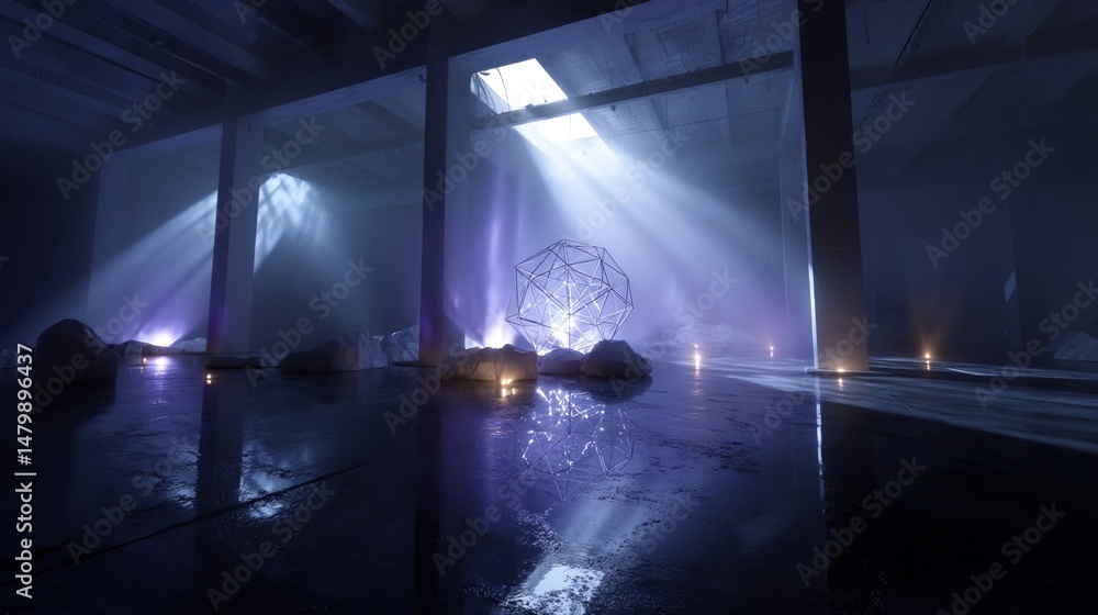 Poster debris floats amidst an ethereal fog remnants of past experiments scattered like celestial fragments
