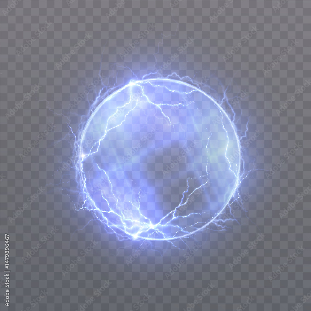 Poster glowing blue electric circle with pulsed lightning discharges on a transparent background. suitable 
