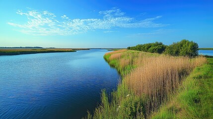 Fototapeta premium Calm river, reeds, summer sky, rural landscape, nature