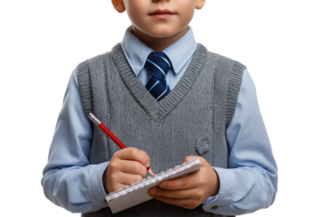  young student writing in notebook isolated on white background