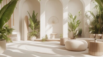 Spacious, light-filled interior space with lush greenery.