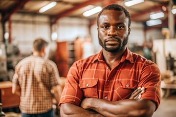 Fototapeta premium a man works in the workshop, with a uniform workplace, portrait of a worker
