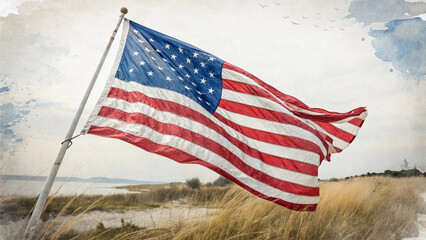 Watercolor Style Illustration of a Waving American Flag on the Beach with Vintage Patriotic Atmosphere for Independence Day and Memorial Day Designs generative ai
