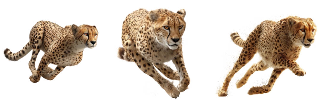 Sequence of three cheetahs running swiftly with focused expressions, showcasing their speed and agility motion, isolated transparent background