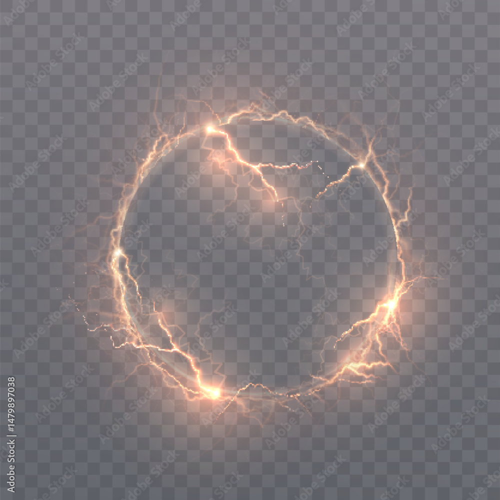 Poster glowing yellow electric circle with pulsed lightning discharges on a transparent background. suitabl