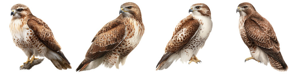 Obraz premium Group of four hawks perched surface, showing different angles and postures, with detailed feathers and sharp eyes, isolated transparency