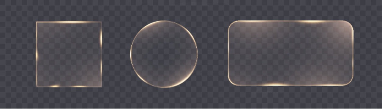 Glowing golden light frame set in various geometric shapes on transparent background. Vector illuminated borders for futuristic interfaces, app UI, digital HUD panels and modern design.

