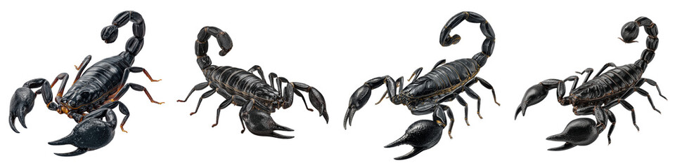 Group of black scorpions with curved tails and pincers, isolated on transparent background, showcasing their segmented bodies and sharp claws