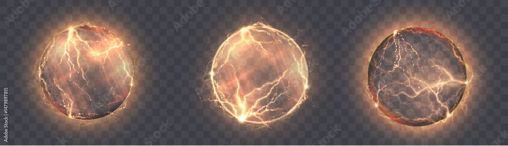 Poster vector bright yellow electric sphere with glowing lightning and plasma energy effect. abstract visua