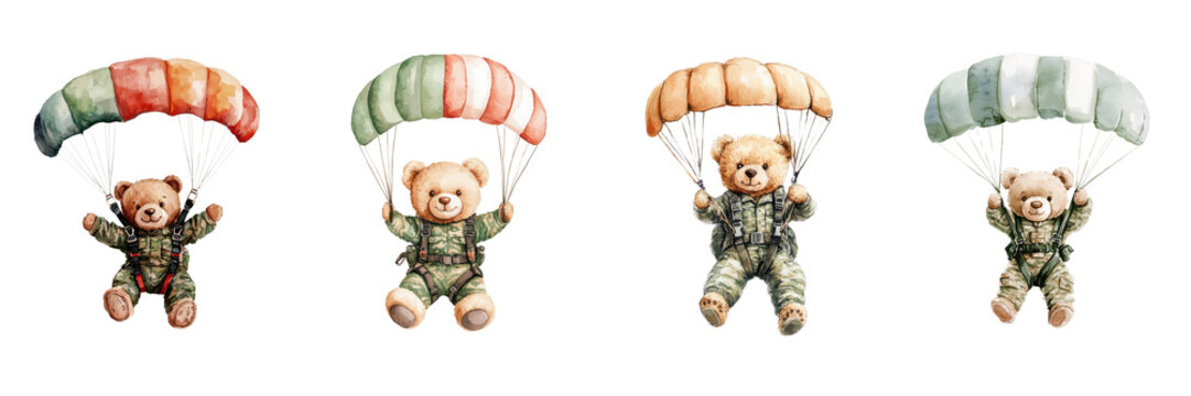 Adorable Teddy Bears Skydiving with Colorful Parachutes Watercolor Illustration