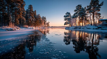 Fototapeta premium Winter sunrise over frozen lake. Snowy forest reflected in still water