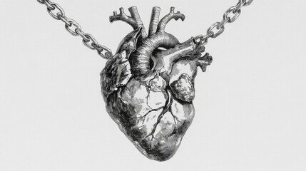 Anatomical heart pendant drawing hanging on chain in monochrome style on white.