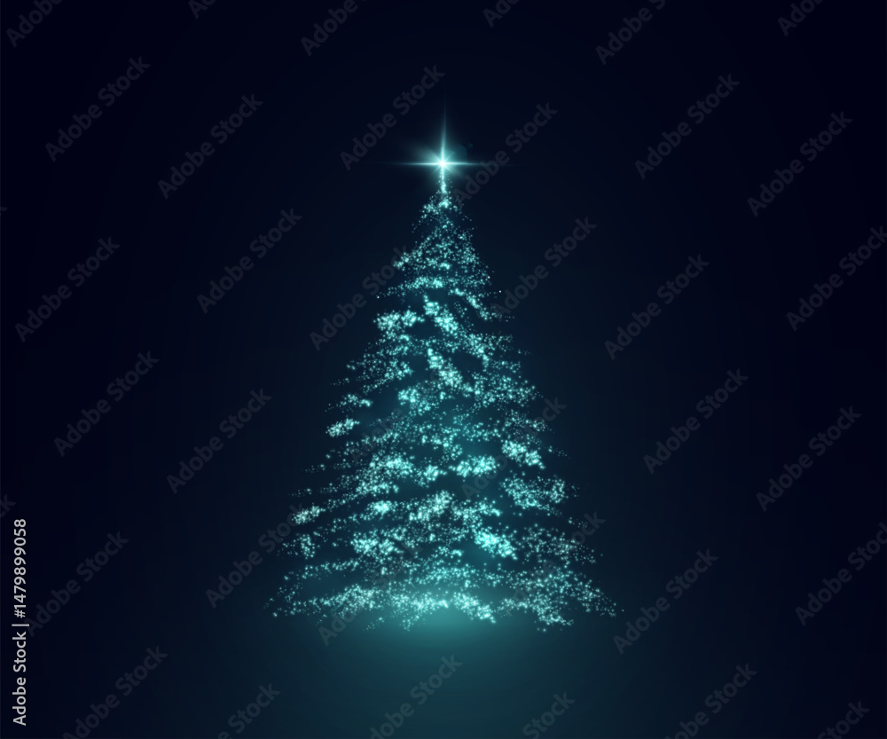 Poster beautiful blue christmas tree made of sparkling particles with a star on top on a dark background. s