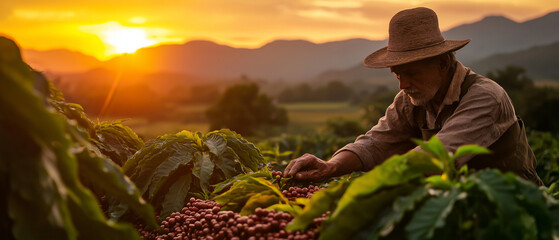 AI generator image of Farmers are collecting coffee beans, coffee plantation, farmers collecting Arabica coffee beans on the coffee tree