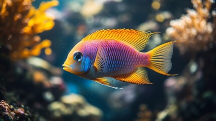 Fototapeta premium Vibrant orange and purple fish swimming amidst coral reef.