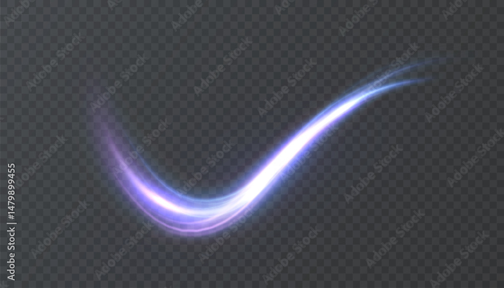 Poster curved luminous plume in purple and white with smooth movement and bright light. energy swirl with b