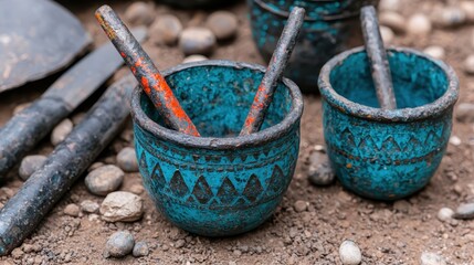 Teal Patterned Bowls on Soil with Tools
