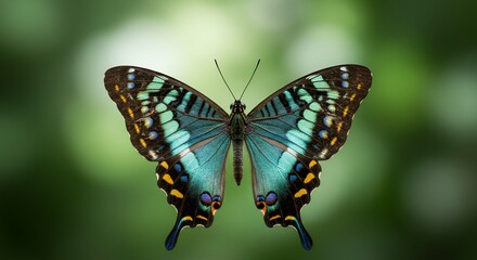 Obraz premium Stunning Blue and Black Butterfly on Green Background Vivid Insect Wings Nature Macro Photography