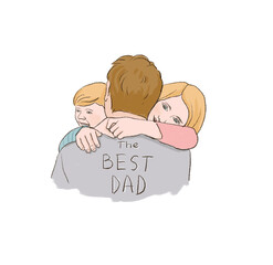 Hand drawn illustration of father hugging children. Illustration on a transparent background. Father's day.