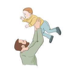 Hand-drawn illustration of father lifting son in the air. Illustration on a transparent background. Father's day.