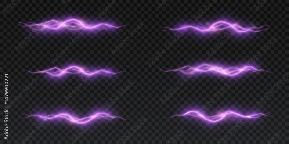 Poster молния кистьA set of horizontal glowing purple electrical lightning bolts with energy distortion and flickering effect. Perfect for game UI, sci-fi weapons, power surges, spells and attack animations.