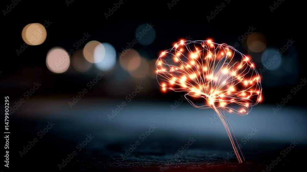 Poster illuminated brain radiates vibrant lines symbolizing creativity and intelligence against a dark back
