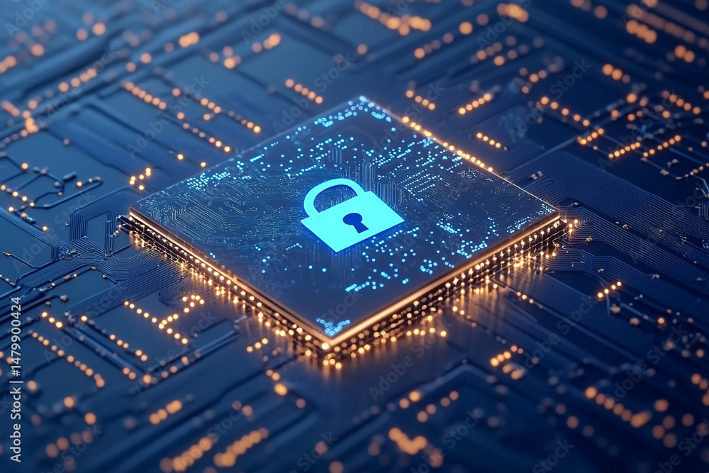 Poster digital security padlock on illuminated circuit board glowing technology