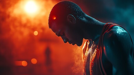 Close-up of a sweaty basketball player's face, illuminated by arena lights.