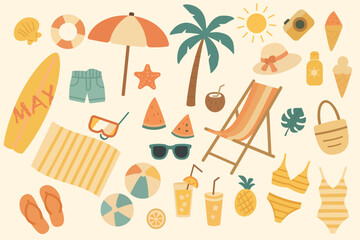 Set of vector icons with beach vacation elements in flat style. Suitable for summer infographics, posters, travel apps and web banner design. © MAKSYM