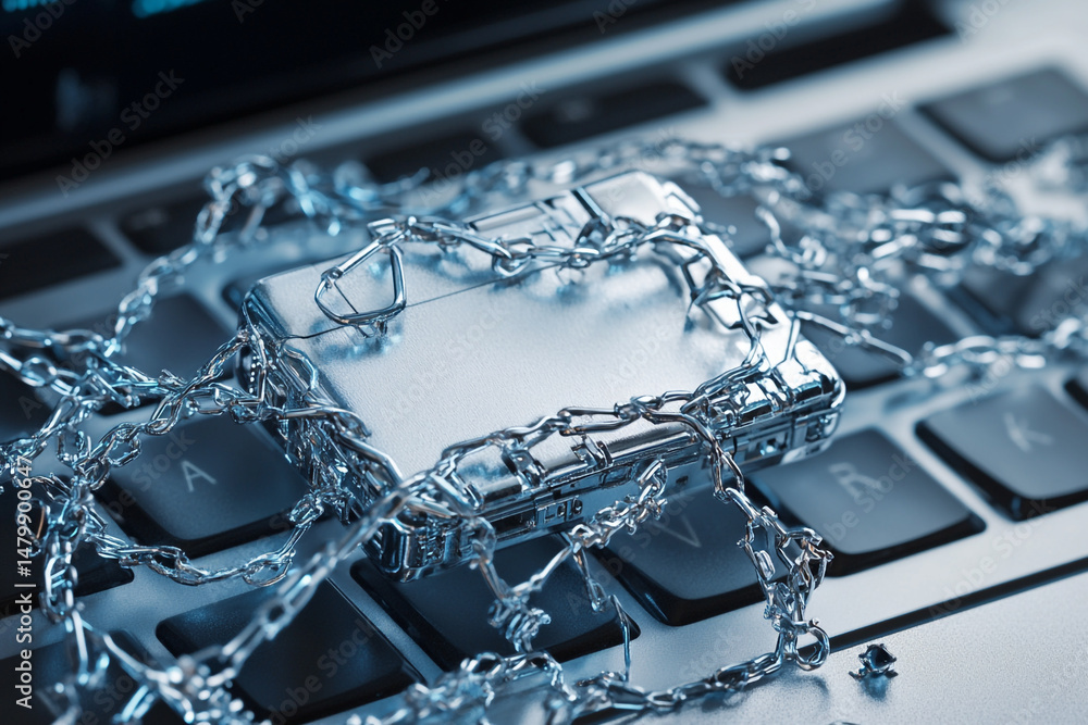 Aufkleber data security device secured by chains on a laptop keyboard