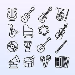 Set of vector icons of musical instruments in outline style on white background. Suitable for application interfaces, training materials, posters and design projects.