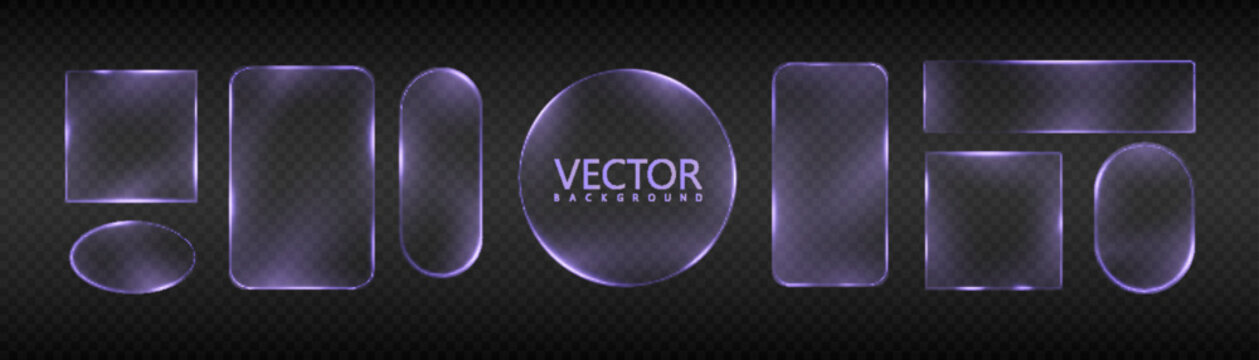 Set of glowing neon frames in purple tones on transparent background. Vivid frames are suitable for UI overlays, banners, product packaging, app templates and design accents.

