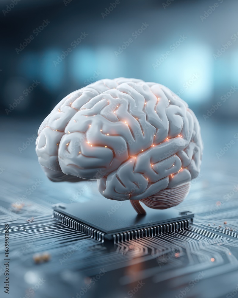 Aufkleber a human brain model sits atop a microchip, symbolizing the fusion of artificial intelligence and adv