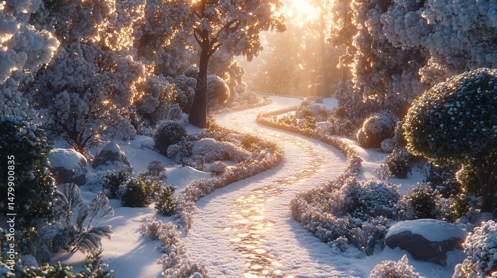 Poster winter wonderland path through snowy forest. sunlight streams through the trees illuminating a windi
