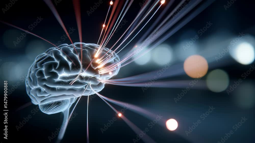 Poster illuminated brain with radiant lines representing creativity and neural connections against a dark b