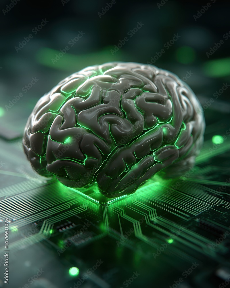 Poster a metallic brain with green highlights sits atop a glowing computer circuit board, symbolizing artif