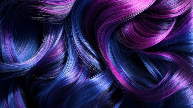 Closeup of shiny, colorful hair strands in rich blue, purple, and pink tones creating an abstract, flowing texture pattern.