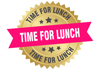 time for lunch. time for lunch round pink and gold label isolated on transparent background